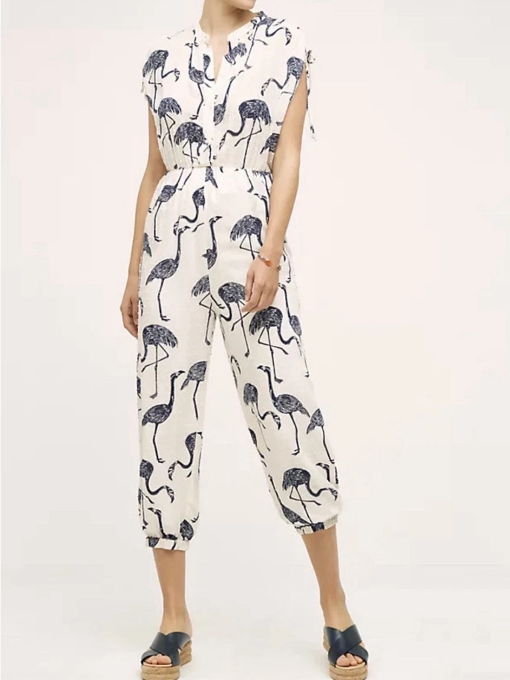 Anthropologie Cream and Navy Flamingo Print Jumpsuit